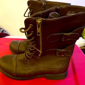 Brown faux leather combat boots